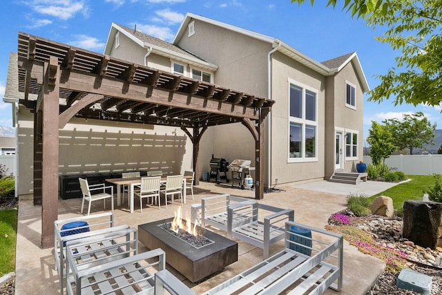 541 N Trek Rd, Saratoga Springs, UT 84045 - view of patio featuring a fire pit, outdoor dining area, a grill, and a pergola