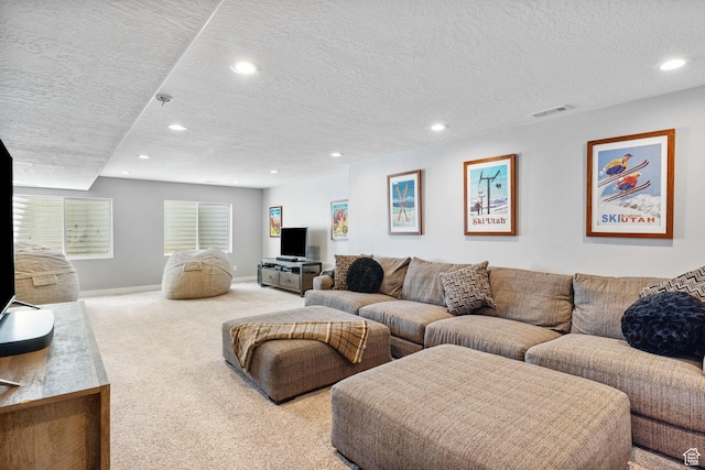 541 N Trek Rd, Saratoga Springs, UT 84045 - carpeted living area with recessed lighting, a textured ceiling, and baseboards