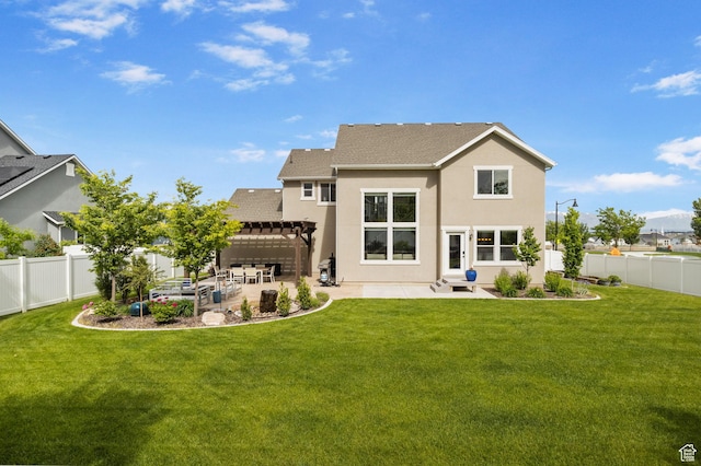541 N Trek Rd, Saratoga Springs, UT 84045 - rear view of property with a pergola, a patio, stucco siding, and a shingled roof