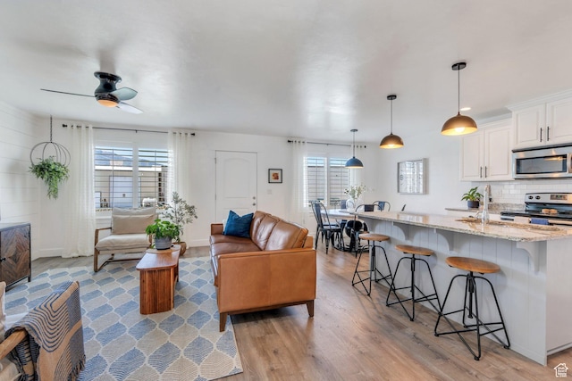 187 E 560 N, Salem, UT 84653 - living area with light wood-type flooring, ceiling fan, and baseboards