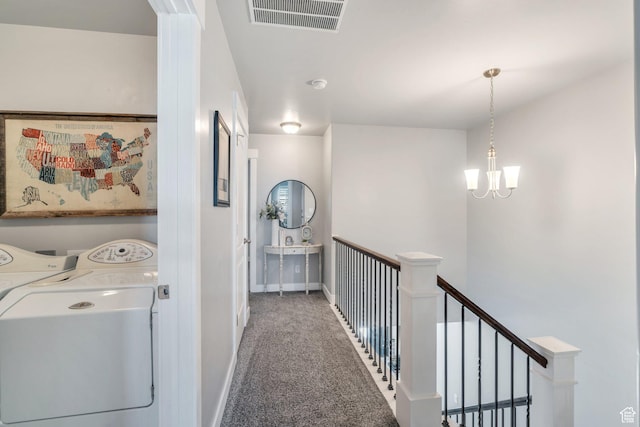 187 E 560 N, Salem, UT 84653 - hallway with separate washer and dryer, light carpet, a chandelier, baseboards, and an upstairs landing
