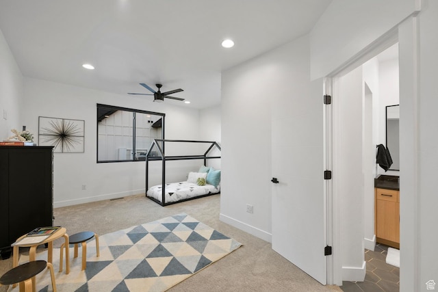 12719 S Outlaw Pl E, Draper, UT 84020 - bedroom featuring light carpet, recessed lighting, baseboards, and a ceiling fan