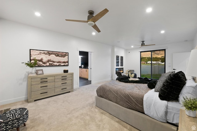 12719 S Outlaw Pl E, Draper, UT 84020 - bedroom with access to outside, recessed lighting, carpet flooring, ensuite bathroom, and ceiling fan