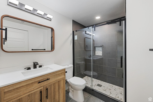 12719 S Outlaw Pl E, Draper, UT 84020 - full bath featuring toilet, vanity, a shower stall, tile patterned flooring, and recessed lighting