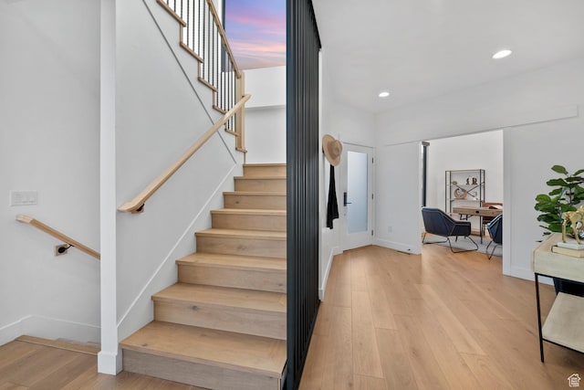 12719 S Outlaw Pl E, Draper, UT 84020 - stairway with wood finished floors, baseboards, and recessed lighting