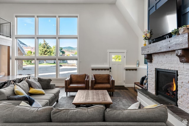 300 S 100th St W, Garden City, UT 84028 - living room with a high ceiling, a stone fireplace, and dark wood-style flooring