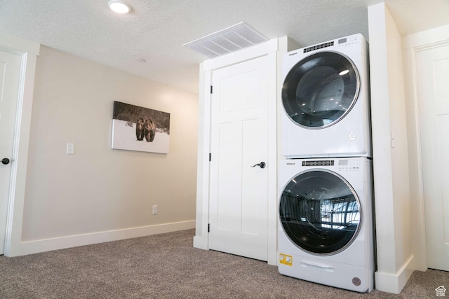 300 S 100th St W, Garden City, UT 84028 - washroom with estacked washer and dryer, carpet flooring, baseboards, and a textured ceiling