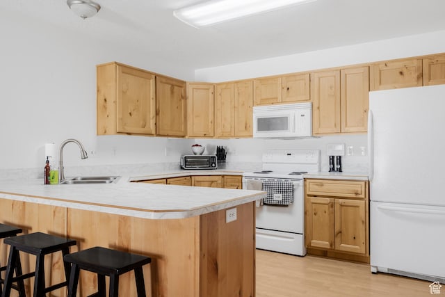 4155 S 3450 W, West Haven, UT 84401 - kitchen with white appliances, a sink, light brown cabinetry, a peninsula, and light countertops