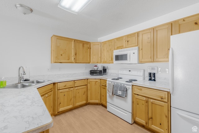 4155 S 3450 W, West Haven, UT 84401 - kitchen with white appliances, a sink, light brown cabinets, and a textured ceiling