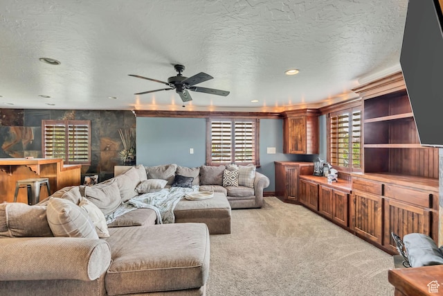 804 E 3300 N, North Ogden, UT 84414 - living room featuring a ceiling fan, light carpet, recessed lighting, and a textured ceiling