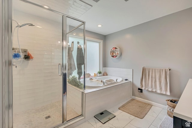 804 E 3300 N, North Ogden, UT 84414 - bathroom with a garden tub, a stall shower, marble look tiles, and recessed lighting