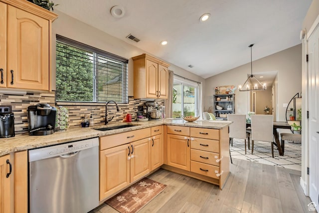 804 E 3300 N, North Ogden, UT 84414 - kitchen with dishwasher, light brown cabinetry, a sink, lofted ceiling, and decorative backsplash