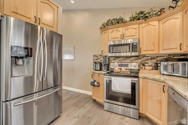 804 E 3300 N, North Ogden, UT 84414 - kitchen featuring appliances with stainless steel finishes, light brown cabinetry, decorative backsplash, baseboards, and recessed lighting