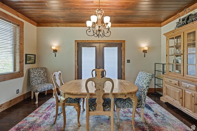 14745 N 8375 E, Spring City, UT 84662 - dining space featuring wooden ceiling, a chandelier, baseboards, french doors, and dark wood finished floors