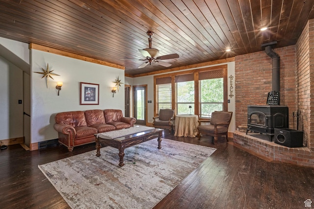 14745 N 8375 E, Spring City, UT 84662 - living room with a wood stove, wooden ceiling, dark wood-style flooring, ceiling fan, and baseboards