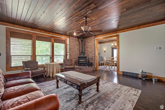 14745 N 8375 E, Spring City, UT 84662 - living area with a wood stove, plenty of natural light, a ceiling fan, wood finished floors, and wooden ceiling