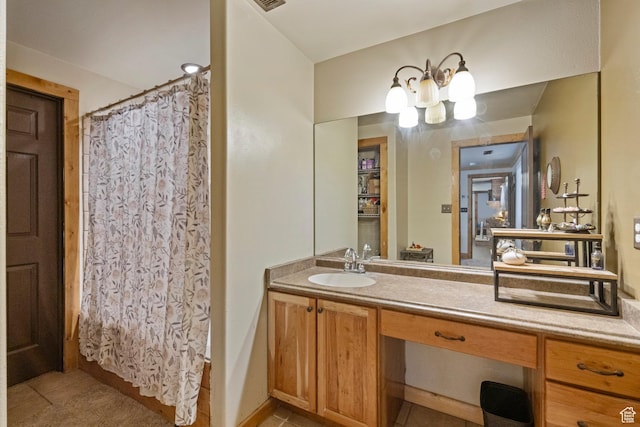 14745 N 8375 E, Spring City, UT 84662 - full bath featuring tile patterned floors, vanity, a chandelier, and curtained shower