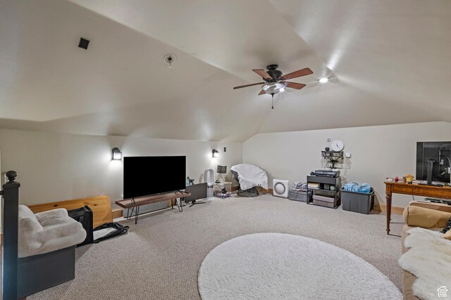 14745 N 8375 E, Spring City, UT 84662 - living area with vaulted ceiling, ceiling fan, carpet flooring, and baseboards