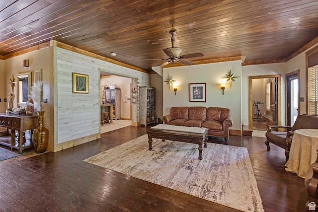 14745 N 8375 E, Spring City, UT 84662 - living room featuring wood ceiling, hardwood / wood-style flooring, baseboards, and a ceiling fan