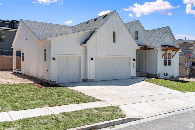 5854 N Fox Canyon Rd, Lehi, UT 84043 - modern farmhouse with a shingled roof, board and batten siding, driveway, and a garage