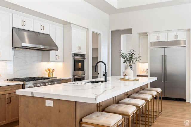 5854 N Fox Canyon Rd, Lehi, UT 84043 - kitchen featuring appliances with stainless steel finishes, under cabinet range hood, tasteful backsplash, a sink, and light stone counters