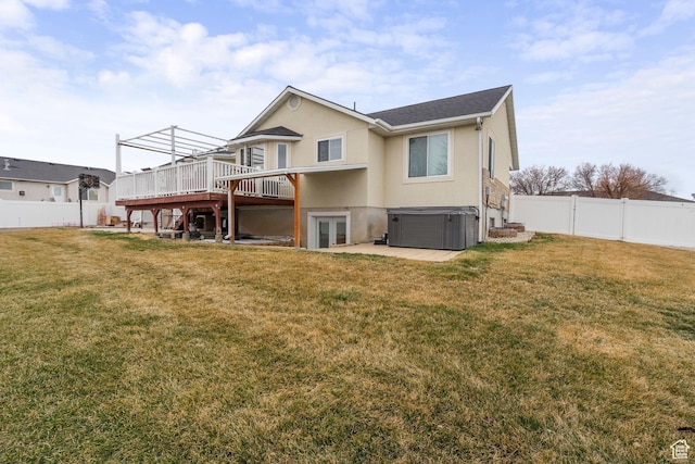 5029 W Copper Meadow Ln S, West Jordan, UT 84088 - rear view of house featuring a hot tub, a deck, french doors, stucco siding, and a patio area