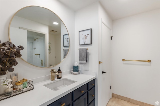 6571 S Jefferson St, Murray, UT 84107 - bathroom featuring vanity, tiled shower, tile patterned floors, and baseboards