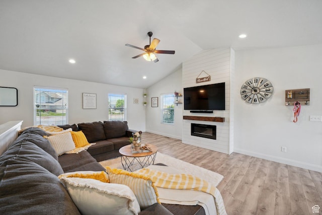 384 N 600 E, Payson, UT 84651 - living room featuring a ceiling fan, light wood-style flooring, a fireplace, vaulted ceiling, and recessed lighting