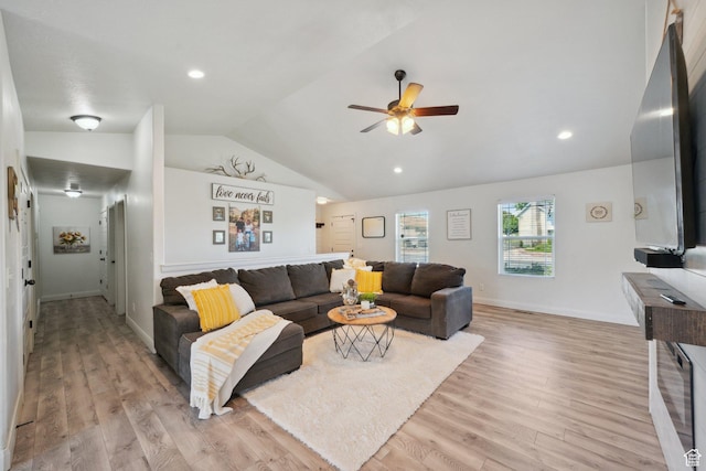 384 N 600 E, Payson, UT 84651 - living area featuring vaulted ceiling, a ceiling fan, light wood finished floors, baseboards, and recessed lighting