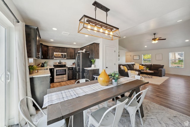 384 N 600 E, Payson, UT 84651 - dining room with light wood finished floors, ceiling fan, recessed lighting, and lofted ceiling