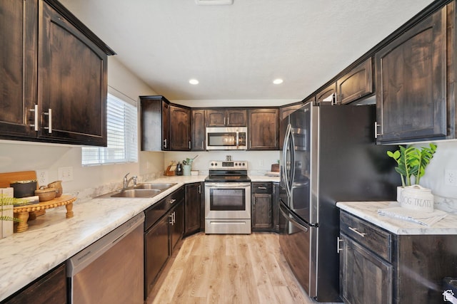 384 N 600 E, Payson, UT 84651 - kitchen featuring appliances with stainless steel finishes, a sink, light wood-type flooring, dark brown cabinets, and recessed lighting