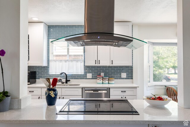 1217 Talisman Dr, Salt Lake City, UT 84116 - kitchen featuring stainless steel dishwasher, island range hood, a sink, stovetop, and white cabinetry