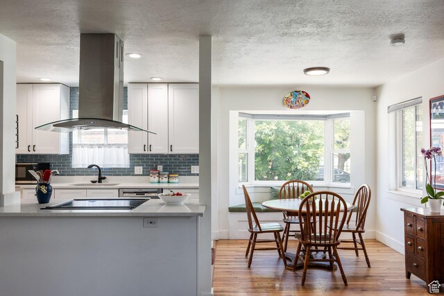 1217 Talisman Dr, Salt Lake City, UT 84116 - kitchen with island exhaust hood, plenty of natural light, light wood-style flooring, decorative backsplash, and a textured ceiling