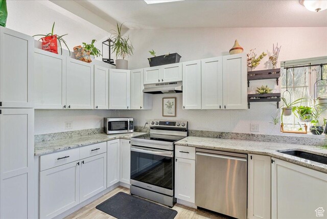 1687 Kylee Ln, Ogden, UT 84404 - kitchen featuring stainless steel appliances, under cabinet range hood, vaulted ceiling, open shelves, and light wood-style flooring