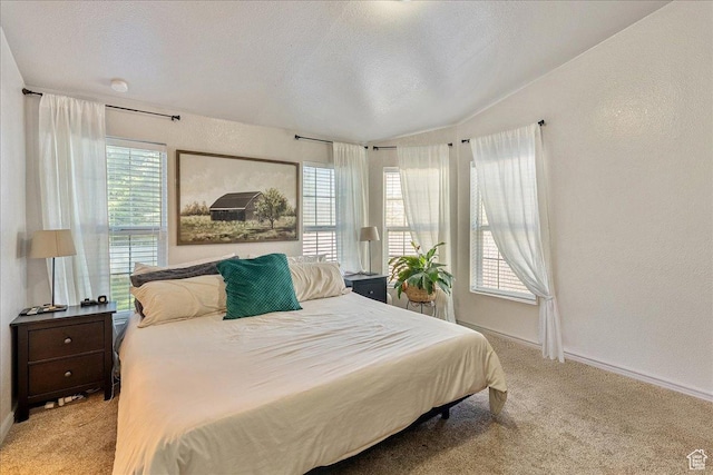 1687 Kylee Ln, Ogden, UT 84404 - bedroom with light carpet, multiple windows, vaulted ceiling, a textured ceiling, and baseboards