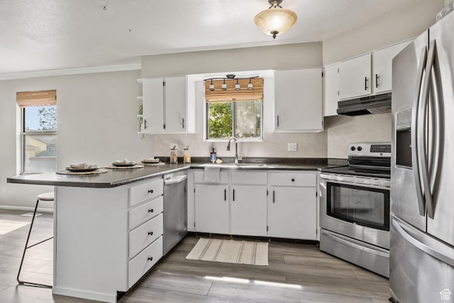 4478 S Balmoral Way, West Valley City, UT 84119 - kitchen featuring stainless steel appliances, under cabinet range hood, a sink, a peninsula, and dark countertops