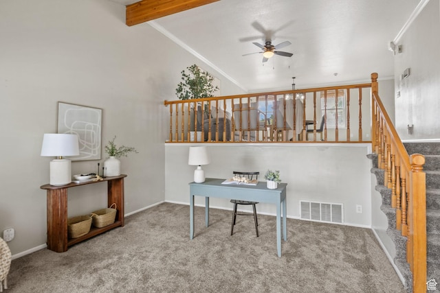 4478 S Balmoral Way, West Valley City, UT 84119 - carpeted home office featuring a ceiling fan, beam ceiling, baseboards, high vaulted ceiling, and crown molding