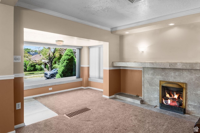 1979 S 600 E, Salt Lake City, UT 84105 - unfurnished living room featuring ornamental molding, a fireplace, carpet flooring, a textured ceiling, and baseboards