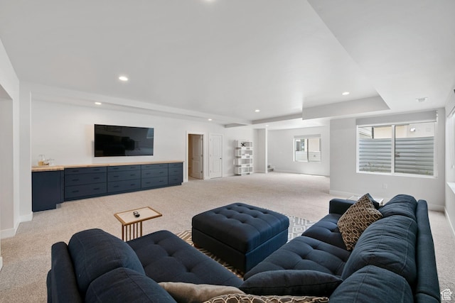 7862 S Danish Pine Ln, Salt Lake City, UT 84121 - living room featuring light colored carpet, recessed lighting, and baseboards