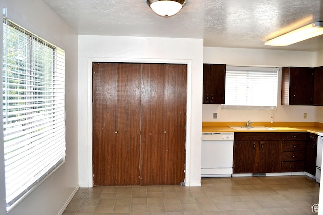 221 N Pingree Ave E, Ogden, UT 84404 - kitchen featuring white dishwasher, a sink, light countertops, dark brown cabinets, and a textured ceiling