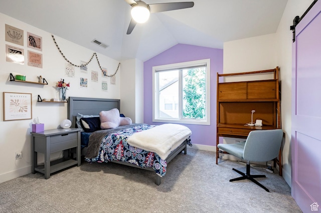 5972 S Ragsdale Dr, Murray, UT 84121 - carpeted bedroom featuring a barn door, vaulted ceiling, ceiling fan, and baseboards