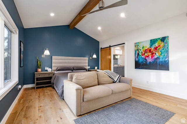 5972 S Ragsdale Dr, Murray, UT 84121 - bedroom featuring a barn door, light wood-style floors, baseboards, ensuite bathroom, and recessed lighting