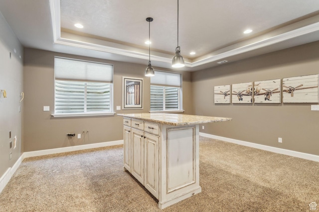 603 S Temple Hill Cir E, Bountiful, UT 84010 - kitchen with a raised ceiling, light colored carpet, recessed lighting, baseboards, and cream cabinetry