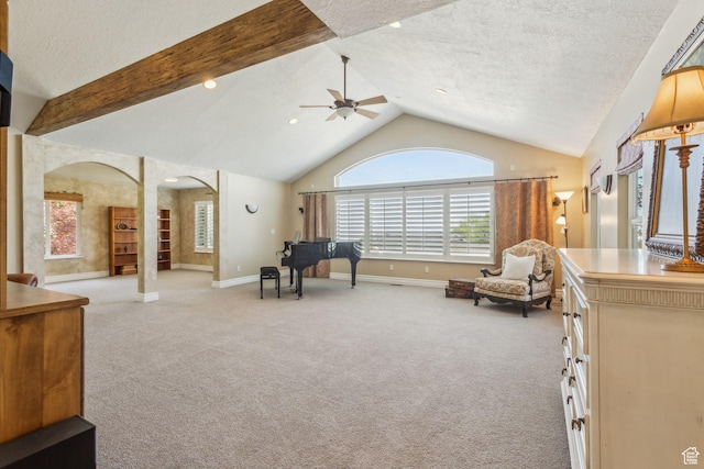 603 S Temple Hill Cir E, Bountiful, UT 84010 - living area featuring carpet, arched walkways, vaulted ceiling, a ceiling fan, and a textured ceiling
