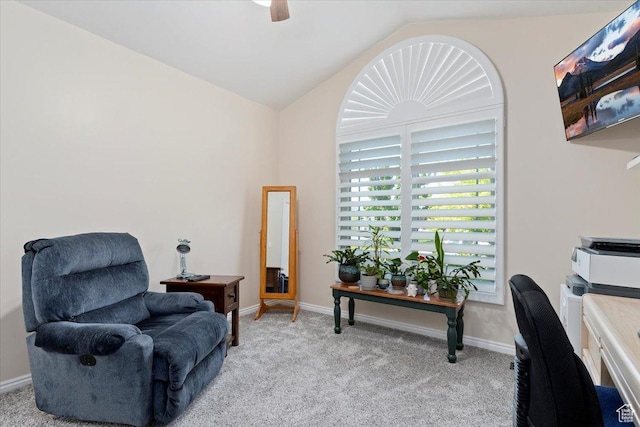 938 E Bernay Cir, Sandy, UT 84094 - sitting room with vaulted ceiling, light carpet, baseboards, a ceiling fan, and a desk