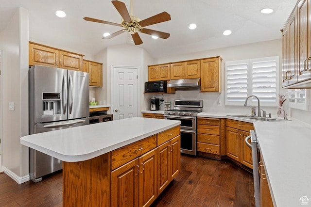 938 E Bernay Cir, Sandy, UT 84094 - kitchen with appliances with stainless steel finishes, under cabinet range hood, a sink, light countertops, and dark wood-style floors