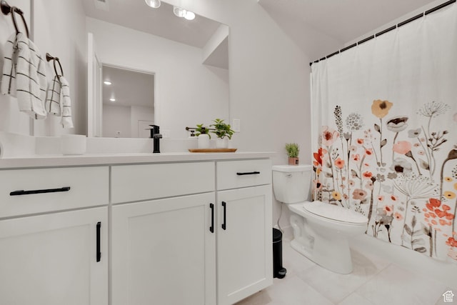 11693 S Watercourse Rd, South Jordan, UT 84009 - bathroom with vanity, toilet, tile patterned floors, and curtained shower
