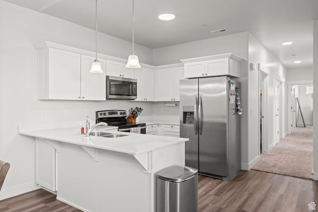 972 W Spider Green Way N Unit E302, Saratoga Springs, UT 84045 - kitchen with stainless steel appliances, a sink, dark wood-style flooring, a peninsula, and light countertops