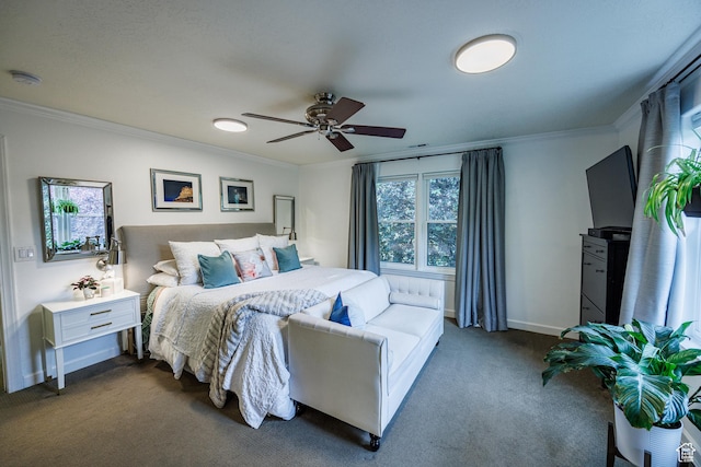 4474 W Redwood Dr, Cedar Hills, UT 84062 - bedroom with dark colored carpet, crown molding, baseboards, and ceiling fan