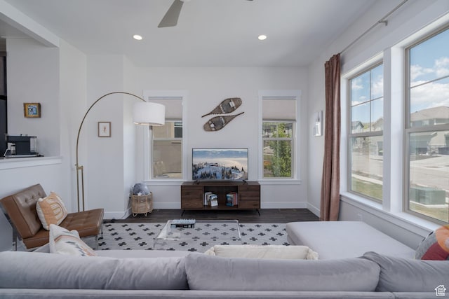 1097 W Wasatch Spring Rd, Kamas, UT 84036 - living area with wood finished floors, ceiling fan, baseboards, and recessed lighting